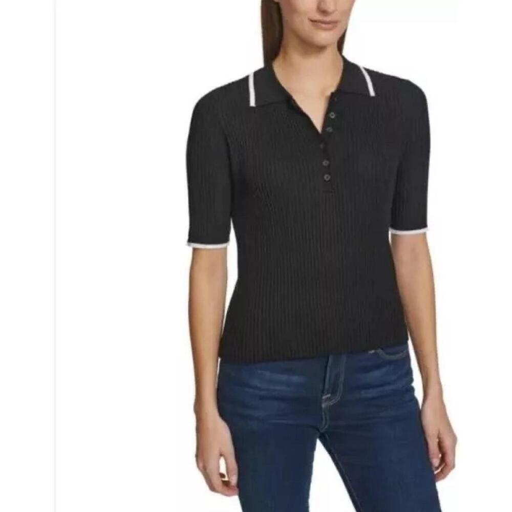 New! Calvin Klein Women's Ribbed Top Quarter Button Collared Polo Size S. AO